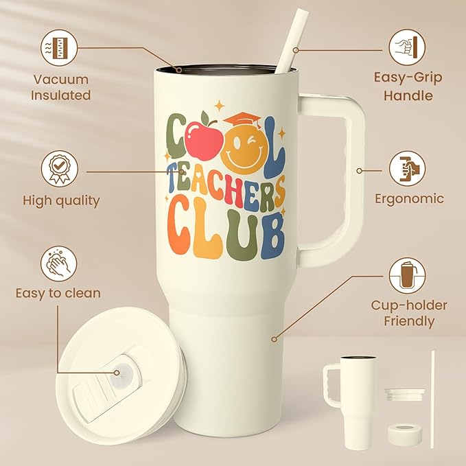 Cool Teacher Club Tumbler 40oz, Stainless Steel Insulated Coffee Travel Cup with Handle, Teacher Appreciation Gifts for Women, Teachers Gift for Valentines Birthday Farewell Christmas Teacher's Day