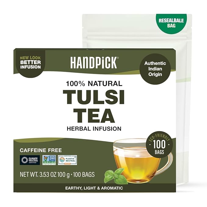 HANDPICK Original Tulsi Tea (100 count) Holy Basil Tea | Non-GMO, Caffeine-Free Herbal Tea | Ecofriendly Round Tea Bags