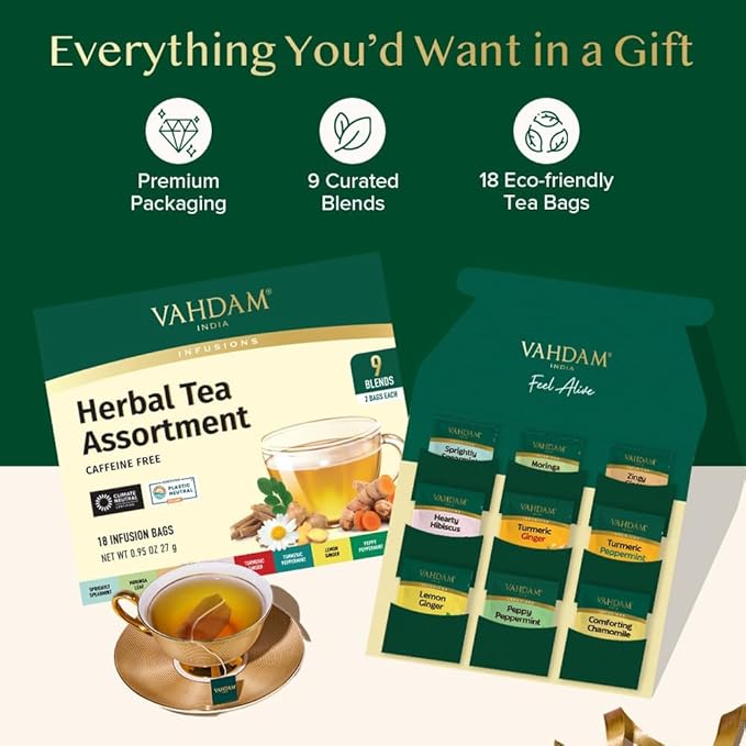 VAHDAM, Assorted Herbal Tea Gift Set (18 Tea Bags, 9 Flavors) Caffeine-Free, Non-GMO | Double Infusion, Individually Enveloped Tea Bags | Herbal Tea variety Pack | Christmas Tea Gifts for Women & Men