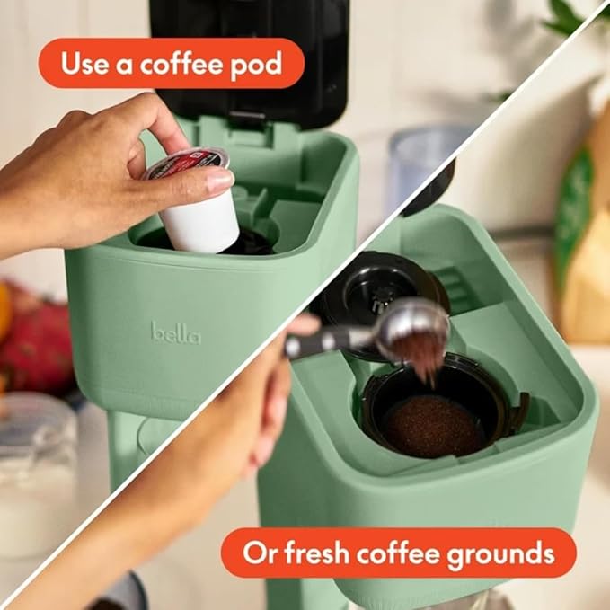 Single-Serve Bella Coffee Maker – Compact 6oz–14oz Brewer for Ground Coffee or Pods, One-Touch Operation, Adjustable Drip Tray, 35oz Water Tank, Travel Mug Friendly, Dishwasher-Safe Parts (Seaglass)