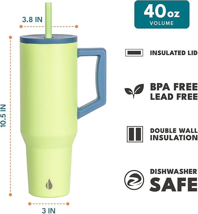 Elemental 40 oz Tumbler with Handle and Straw - Spill Proof Insulated Stainless Steel Commuter for Hot and Cold Beverages - Travel Coffee Mug with 2 Straws & Spill Proof Lid - 40oz - Sage Mist