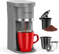 Small Single Serve Coffee Maker, Fast Brew for K-Cup & Ground Coffee, 6-12 Oz Brew Sizes, One-Button Single Cup Coffee Maker, Coffee Machine with Descaling Reminder,Grey