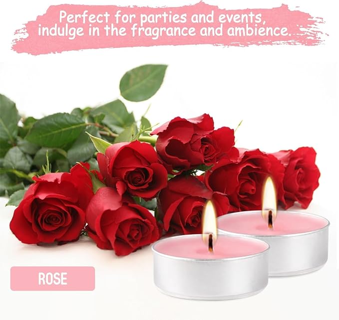 Pink Rose Scented Tealight Candles - 4 Hours - Giant 100 Bulk Packs - Smokeless Tea Lights for Valentine's Day, Weddings, Christmas, Home Decorative