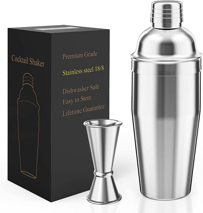 Cocktail Shaker with Double Measuring Jigger,Professional Stainless Steel 24oz Martini Shaker Set,Drink Built-In Strainer,Bartender Kit.