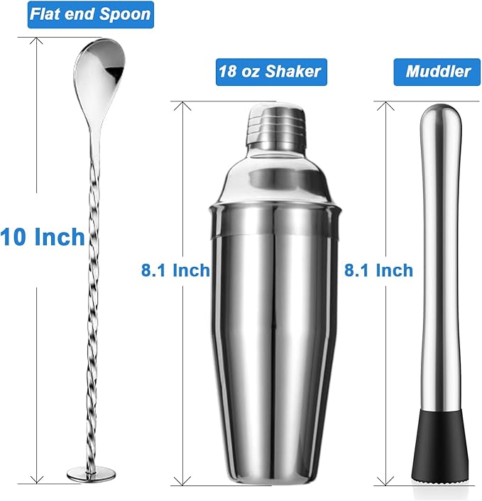 5-Piece Cocktail Shaker Set Shaker Strainer Jigger T-Mixing Spoon Muddler Bartender Kit Stainless Steel Bar Set Housewarming Gift
