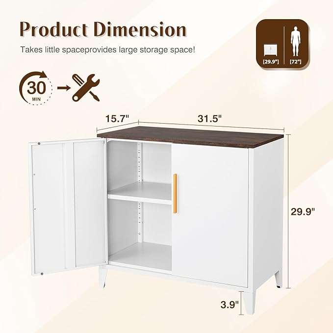 Letaya Metal Storage Cabinet with 2 Doors and Shelves 16" Dx 32" Wx30 H,Small Buffet Sideboard Short Cabinet for Kitchen Dining,Office Credenza Locker Modern Coffee Bar,Entryway Bathroom(White)