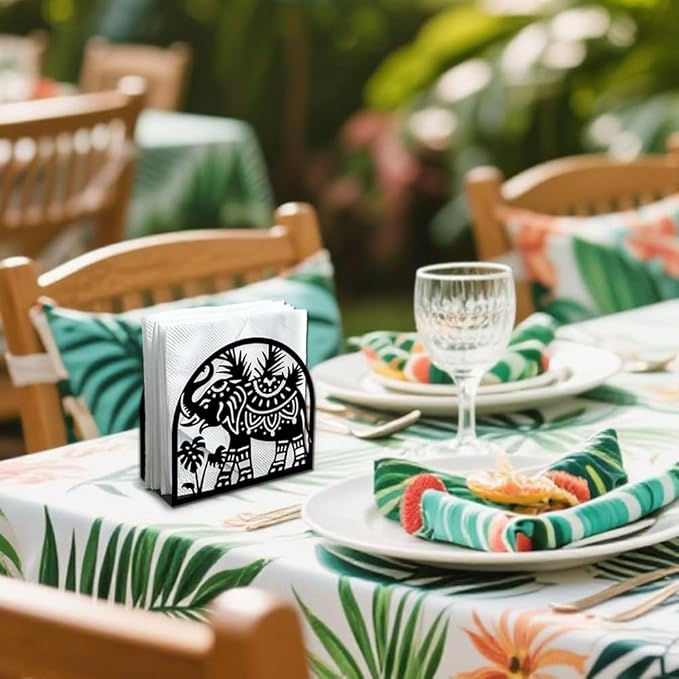 Elephant Decorative Black Metal Napkin Holder for Table, 5.3" x 4.9" x 1.9" Animal Leaf Standing Napkin Holder for Home Kitchen Restaurant Picnic Party Coffee Bar Dining Room
