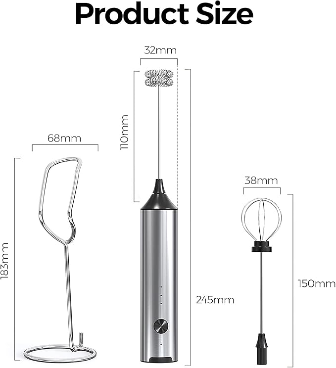 YARRAMATE Rechargeable Milk Frother Wand Handheld With Stand, 3 Speed Adjustable Drink Mixer with 2 Whisks, Stainless Steel Electric Stirrer for Coffee, Lattes, Protein Shakes, Matcha, Egg