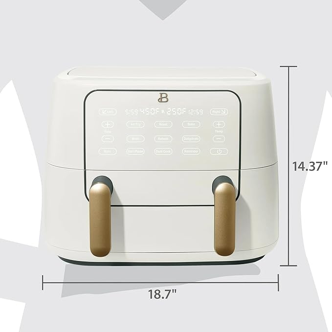 Beautiful 9QT TriZone Air Fryer, White by Drew Barrymore – Dual & Single Zone Cooking, Sync Cook & Finish, 6 Presets, Family Size, Elegant Matte Design, Dishwasher Safe