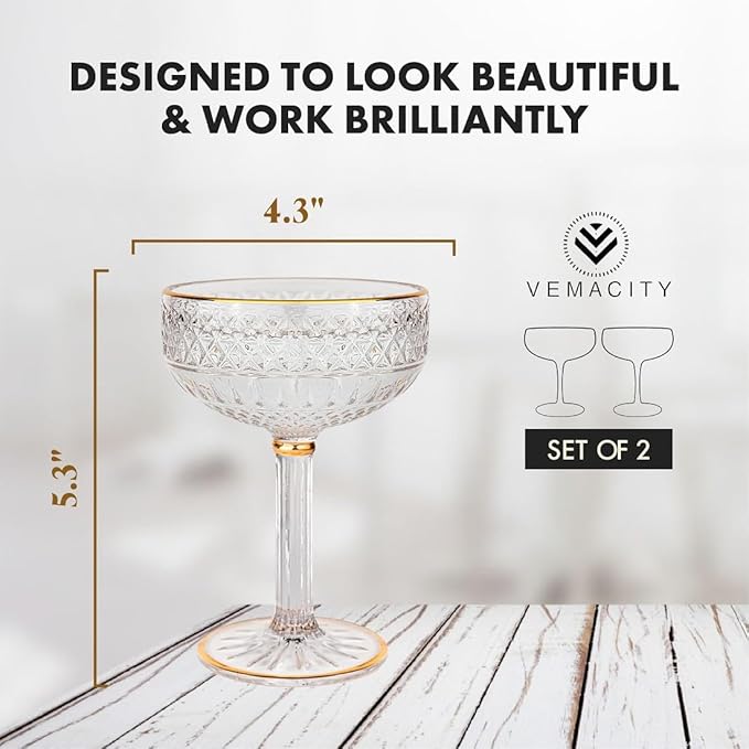VEMACITY - Embossed Espresso Martini Glasses Set of 2 (10oz) - Gold Rim Coupe Glasses for Cocktails, Champagne & Margaritas - Vintage Art Deco Design | Ideal for Christmas & New Years