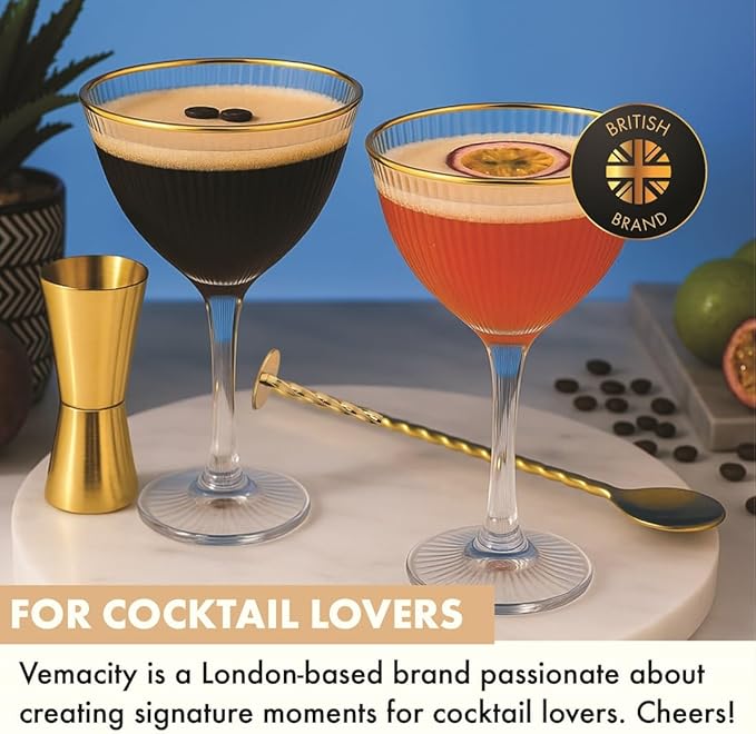 VEMACITY - Ribbed Nick and Nora Cocktail Glasses with Gold Rims (5.4oz) | Nick & Nora Glasses Set of 4, Jigger & 4 Picks - Vintage Glassware | Gimlet Cocktail Glasses | Ideal for Christmas & New Years