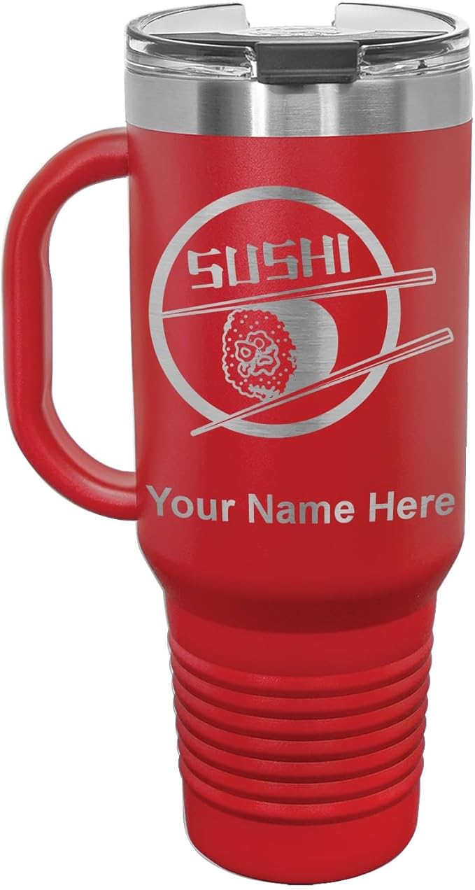 LaserGram 40oz Vacuum Insulated Travel Mug with Handle, Sushi, Personalized Engraving Included (Red)