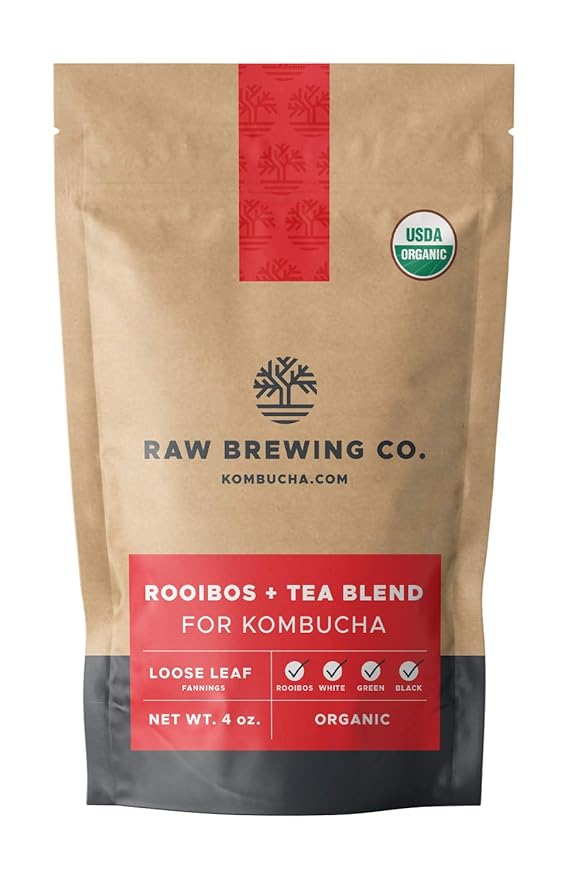 Kombucha.com Certified Organic Loose Leaf Rooibos & Tea - Kombucha Brewing Blends (Rooibos/Black/Green/White Tea Blend, 8 oz + 50 XL FILTER BAGS) - 30% Rooibos 70% Tea