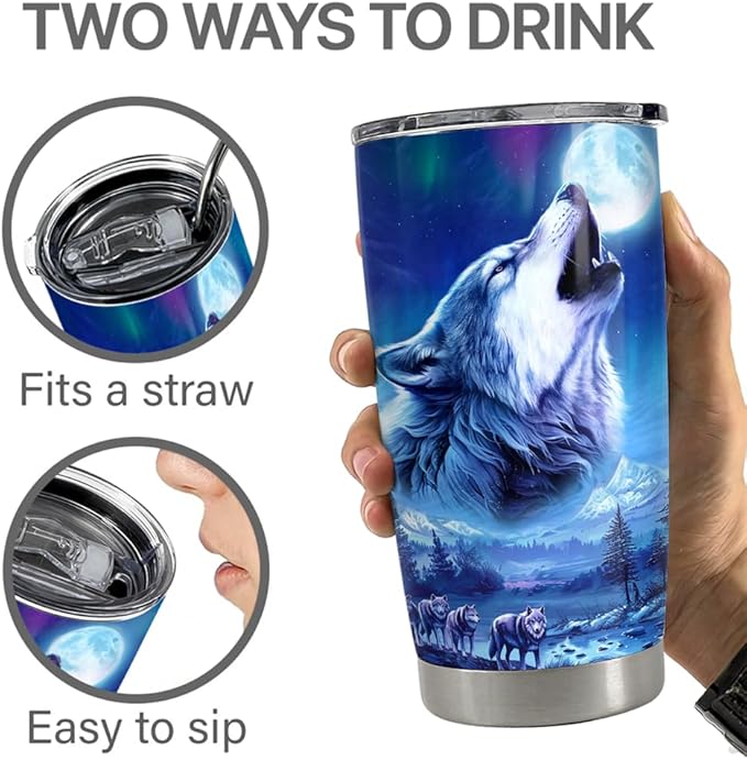 SANDJEST Wolf Tumbler 20oz Stainless Steel Insulated Coffee Cup Tumblers Wolf Gifts for Men Husband Dad Gift for Birthday Christmas Fathers Day