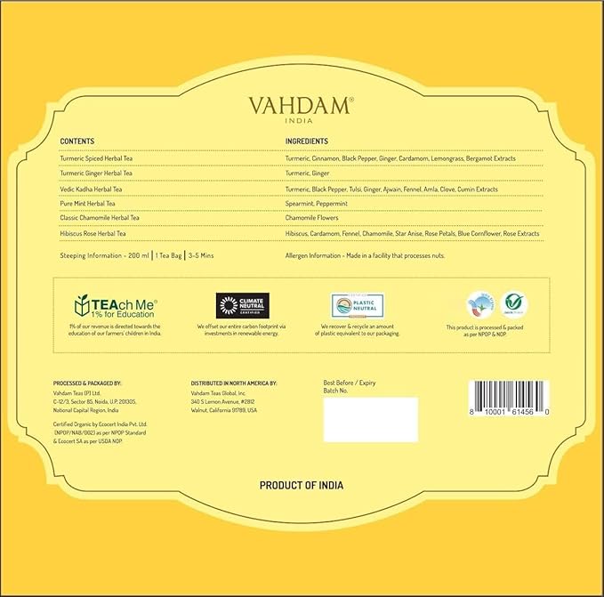 VAHDAM, Assorted Herbal Tea Variety Pck (6 Variants, 36 Tea Bags) Caffeine Free, Gluten Free, Non GMO | Eco Friendly Long Leaf Pyramid Tea Bags I Christmas Tea Gift Sets