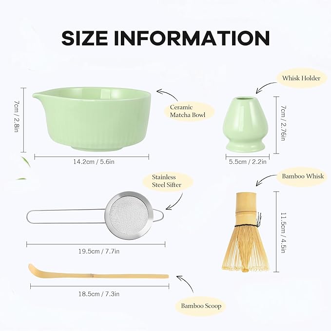 Ceremony Matcha Kit with Bamboo Scoop, Whisk, Holder, Sifter, Chawan Ceramic Bowl with Spout, 5 Pcs Green Japanese Matcha Whisk Set - High End Matcha Tea Set Gift for Matcha Lovers and Starters