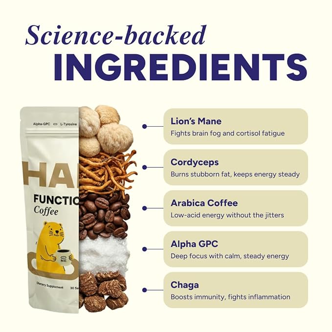 HabitONE Instant Mushroom Coffee Arabica - Lion’s Mane, Cordyceps, Reishi, Chaga – Alpha-GPC & L-Tyrosine, B12 & B3 – Better Energy, Focus, Digestion & Immunity – Made in USA – 30 Servings