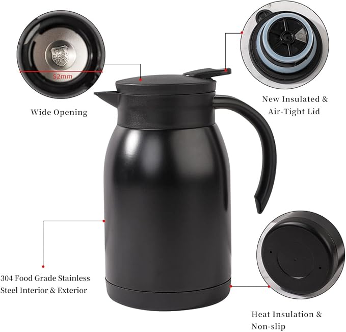 Thermal Coffee Carafe Tea Pot Stainless Steel, Double Wall Vacuum Insulated | Cool Touch Handle | Hot & Cold Retention | Non-Slip Silicone Base | BPA Free, 27OZ /800ML (Black)