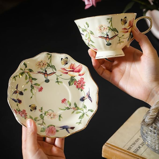 fanquare Vintage Spring Style Tea Cup and Saucer Set, 8 oz Porcelain Coffee Cup with Gold Trim, Flower and Bird Teacups for Women and Tea Parties