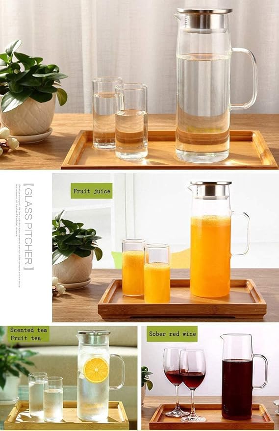 Borosilicate Glass Pitcher with Lid - Heat Resistant Carafe with Handle for Fridge, Iced Tea, Milk, Hot & Cold Beverages - 1.2L/40Oz Jug
