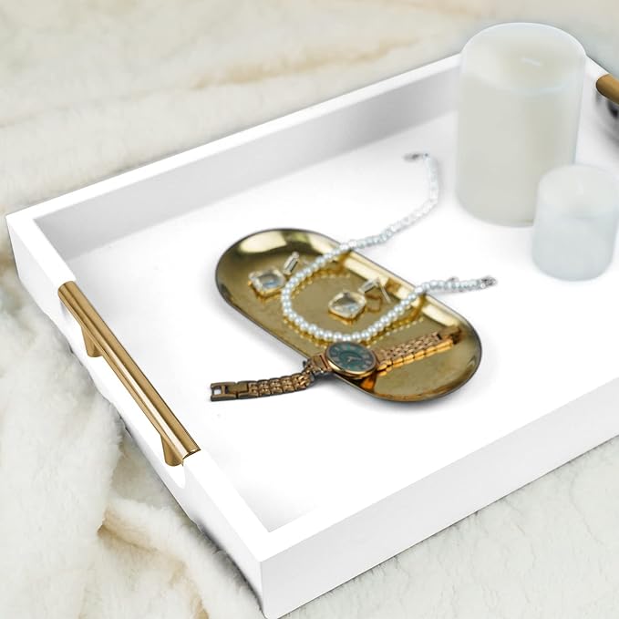 Wooden Decorative Coffee Table Tray, 16" Matte Finish Serving Tray with Handles for Ottoman, Living Room, Perfume, Vanity Dresser Organizer (Ivory White)