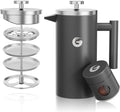 Coffee Gator 304 Grade Stainless Steel French Press Coffee Maker 34 oz, Double Wall Insulated Hot Cold Brew Teapot with 4-Level Filtration System, Include Travel Jar Canister, Rust-Free, Kitchen, Gray