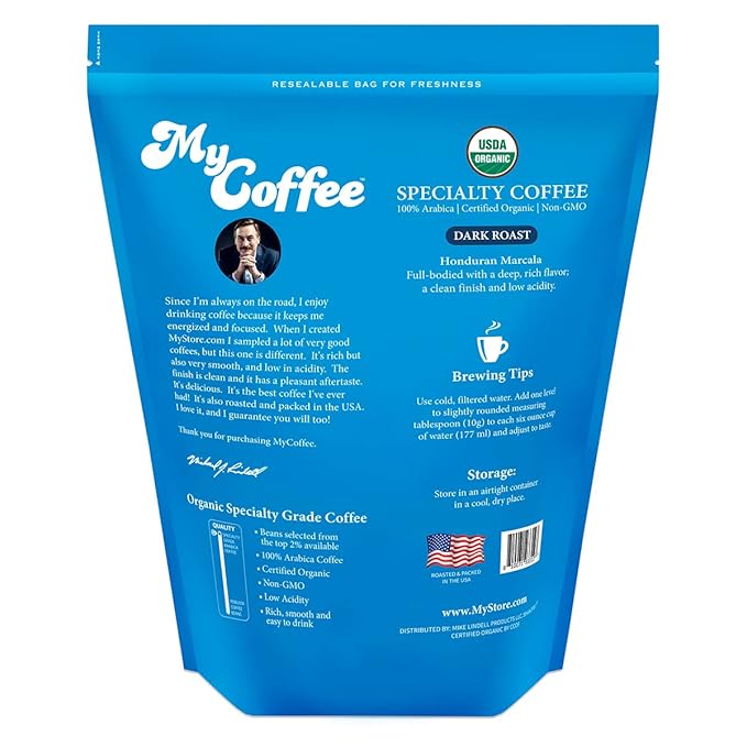 Whole Bean MyCoffee - Organic, Specialty Grade, 100% Arabica, Non-GMO Coffee [Dark Roast, 2LB Bag]