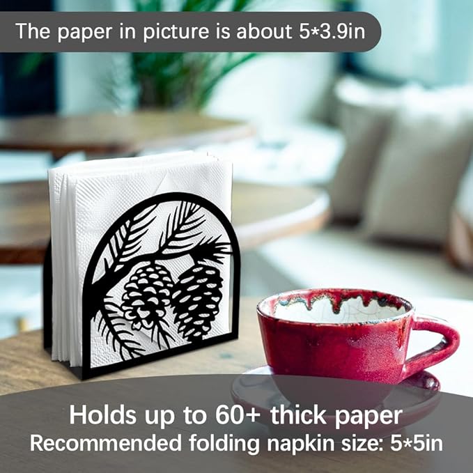 Pine Cones Decorative Black Metal Napkin Holder for Table, 5.3" x 4.9" x 1.9" Pine Cones Standing Napkin Holder for Home Kitchen Restaurant Picnic Party Coffee Bar Dining Room