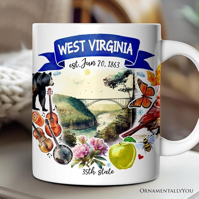 OrnamentallyYou State Travel Landmark Mugs – 12 oz Ceramic Coffee Cups, U.S. Souvenir Gift for Tourists (Artistic West Virginia State Themes and Landmarks Mug)