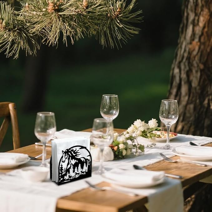 Herd of Horses Decorative Black Metal Napkin Holder for Table, 5.3" x 4.9" x 1.9" Aniaml Tree Forest Standing Napkin Holder for Home Kitchen Restaurant Picnic Party Coffee Bar Dining Room