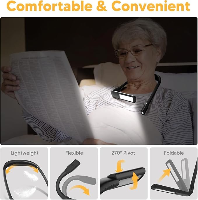 Neck Reading Light Book Lovers Gifts, Rechargeable 2000mAh 10-80Hrs Eye-friendly Wide Lamp Book Light, Birthday Christmas Stocking Stuffers for Men Women Readers, Camping Knitting Crochet Accessories