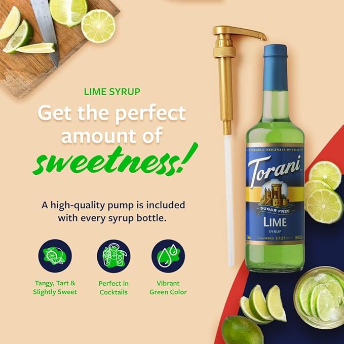 Torani Sugar Free Syrup, Lime Flavoring for Drinks, Zero Calorie, Glass Bottle with Pump Included, 25.4 Fl Oz