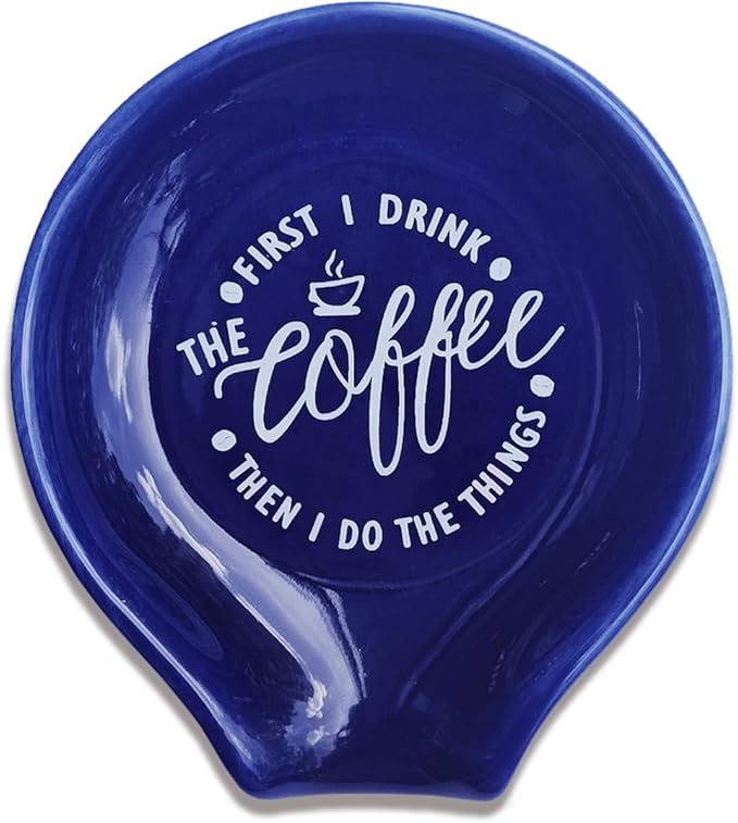 Funny Coffee Quote First I Drink The Coffee Then I Do The Things Ceramic Spoon Holder-Navy Blue Coffee Spoon Rest -Cafe Station Bar Accessories