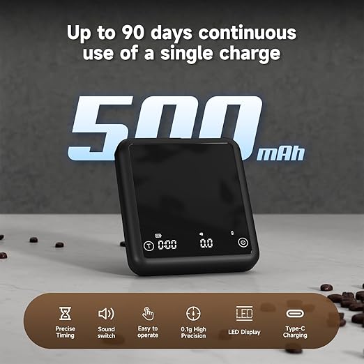 Rechargeable Mini Coffee Scale with Timer, 2kg/0.1g Accurate Scale for Espresso and Pour-Over Coffee, Portable Digital Kitchen Scale with Automatic Timing, LED Display, Silent Mode(Black)