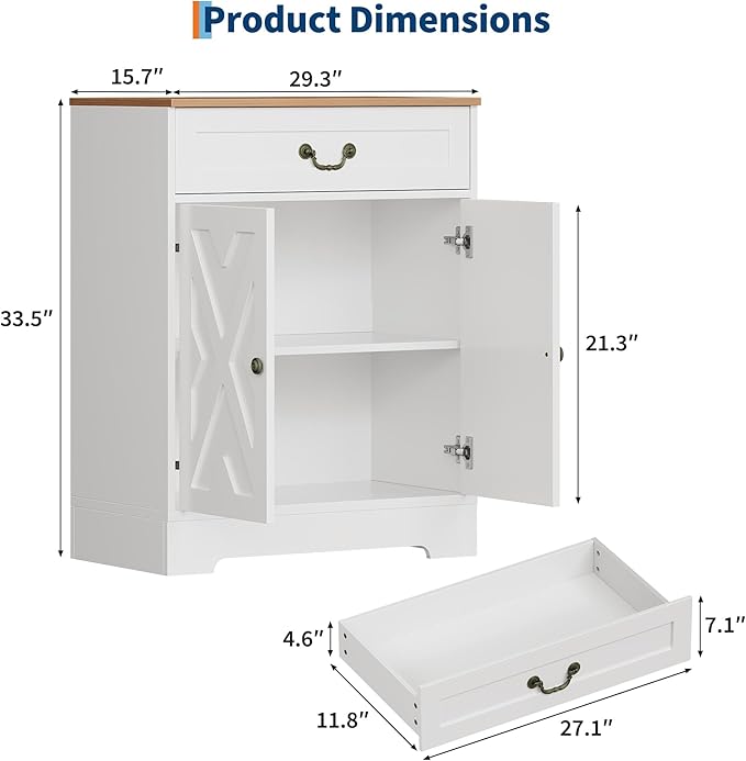 Garvee Farmhouse Coffee Bar Cabinet - Kitchen Storage Buffet Sideboard with 2 Doors, Drawer & Adjustable Shelf, White Cabinet for Kitchen, Living Room, Entryway, 150 LB Capacity