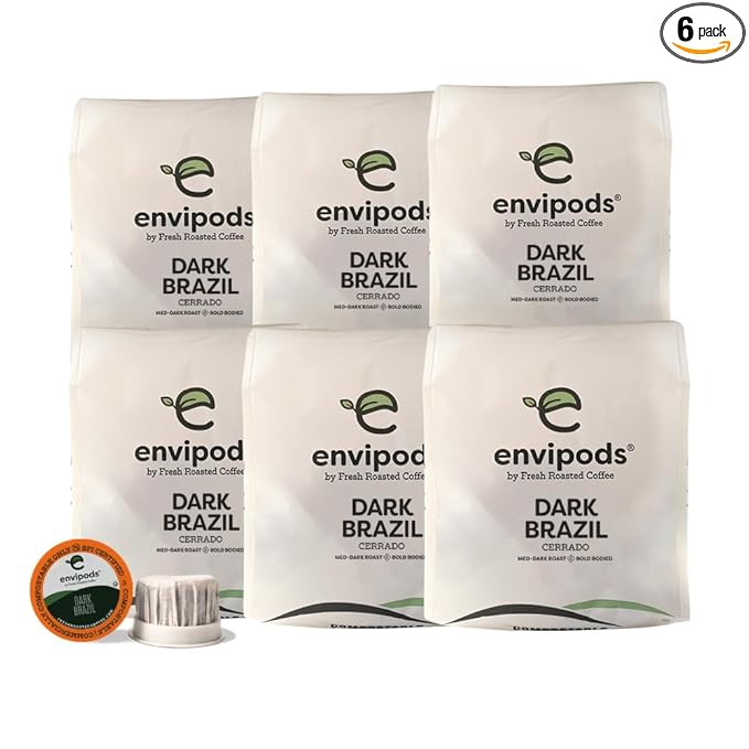 Fresh Roasted Coffee, Dark Brazil Compostable envipods, Medium-Dark Roast, Kosher, 72 Count,for Keurig K Cup Brewers | Not for use in Ninja or Hamilton Beach Brewers