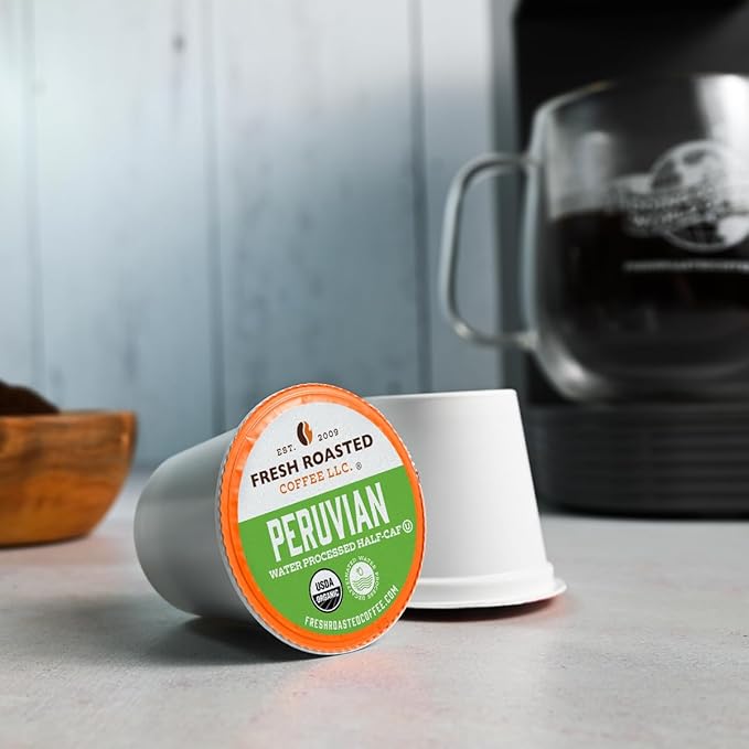 Fresh Roasted Coffee, USDA Organic Peru Water-Processed Half-Caf | 3rd Party Tested for Pesticides, Mold, Mycotoxins, Kosher | 100% Arabica, Specialty Grade, Med Roast 24 Pods for K Cup Brewers