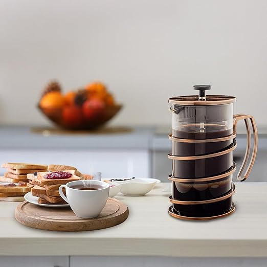 OVENTE French Press Coffee Maker 34 Ounce with Heat Resistant Borosilicate Glass, Stainless Steel Design and 4-Level Filter System, Portable Cold Brewer Pot for Travel, Camping or Gift, Copper FSW34C
