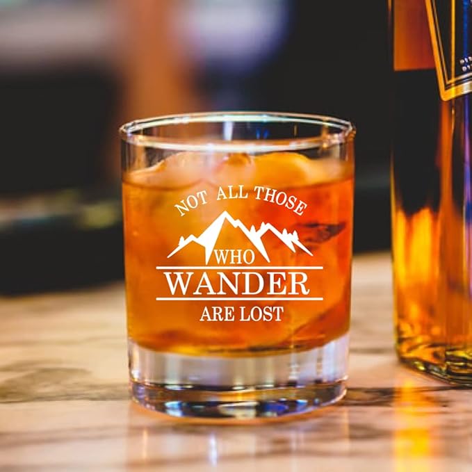 AGMdesign Funny Not All Those Who Wander are Lost Whiskey Glasses, Unique Gifts Idea for Outdoor Mountaineering Lovers, Funny Hiker Camper Gifts for Men Women Friends Hiking Camping Lovers Boyfriend
