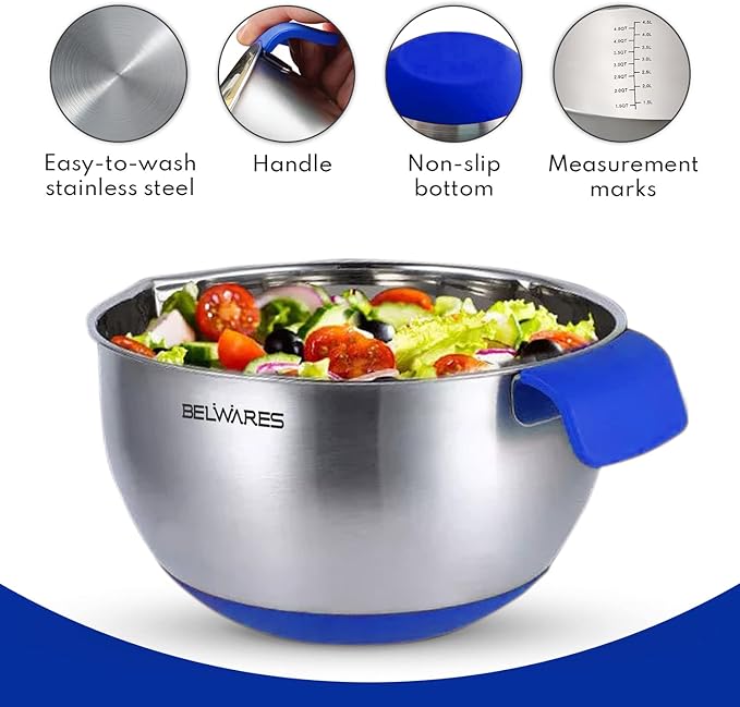 Belwares Mixing Bowls with Lids Set - Nesting Bowls with Graters, Handle, Pour Spout, Airtight Lids - Stainless Steel Non-Slip Mixing Bowl for Cooking, Baking, Prepping, Food Storage (Set of 3)