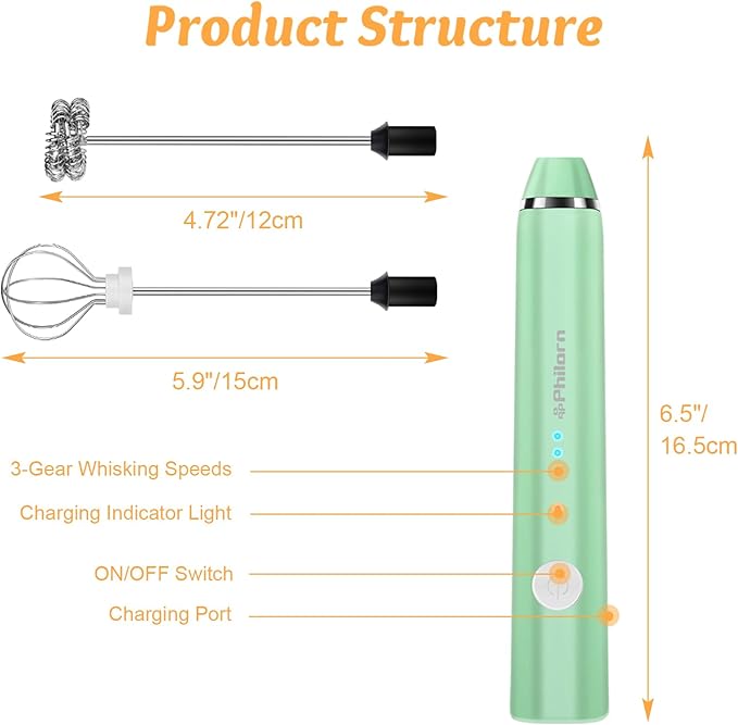 Philorn Milk Frother Wand Handheld Rechargeable Electric Whisk Coffee Drink Mixer, Mini Foamer for Lattes, Cappuccino, Frappe, Matcha, Hot Chocolate, Protein Powder, Keto Diet (Green 2 Heads)