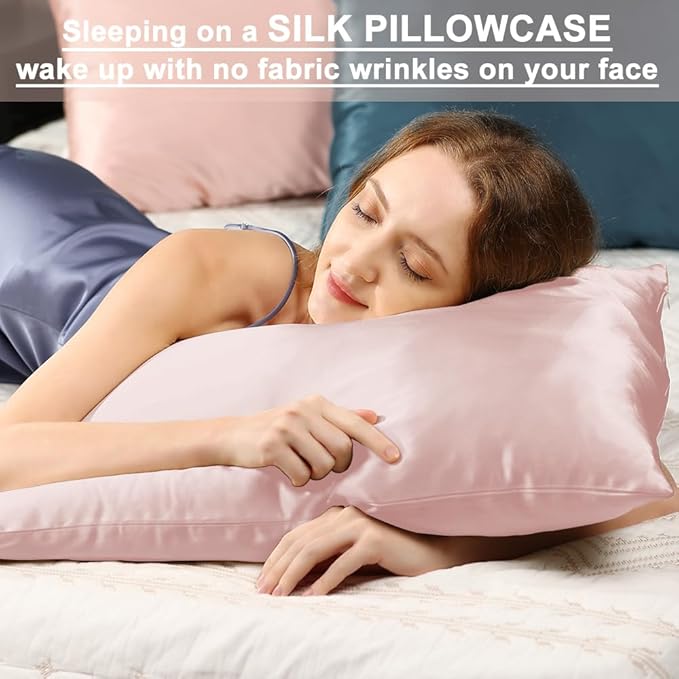 Silk Pillowcase 2 Pack for Hair and Skin with Hidden Zipper, Ravmix Both Sides 21Momme Mulberry Silk Pillowcases Set of 2, Standard Size 20×26inches, Soft Pink