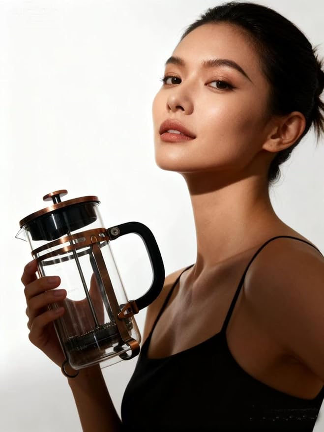 Coffee Maker 304 Stainless Steel French Press with 4 Filter, Heat Resistant Durable, Borosilicate Glass Coffee Press, 100% BPA Teapot, 34 ounce, copper