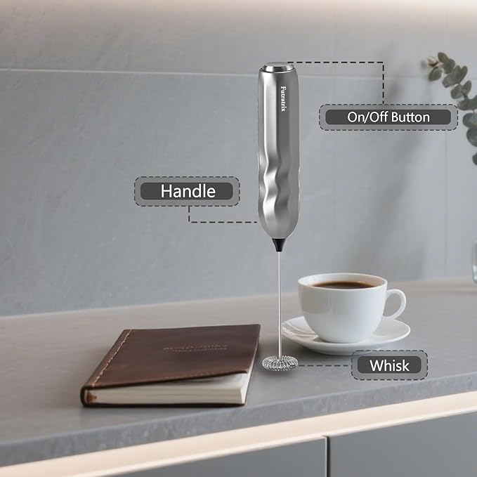 Handheld Milk Frother, Fast Powerful Drink Mixer Battery operated with Stainless Steel Whisk for Coffee (Silver with Stand)