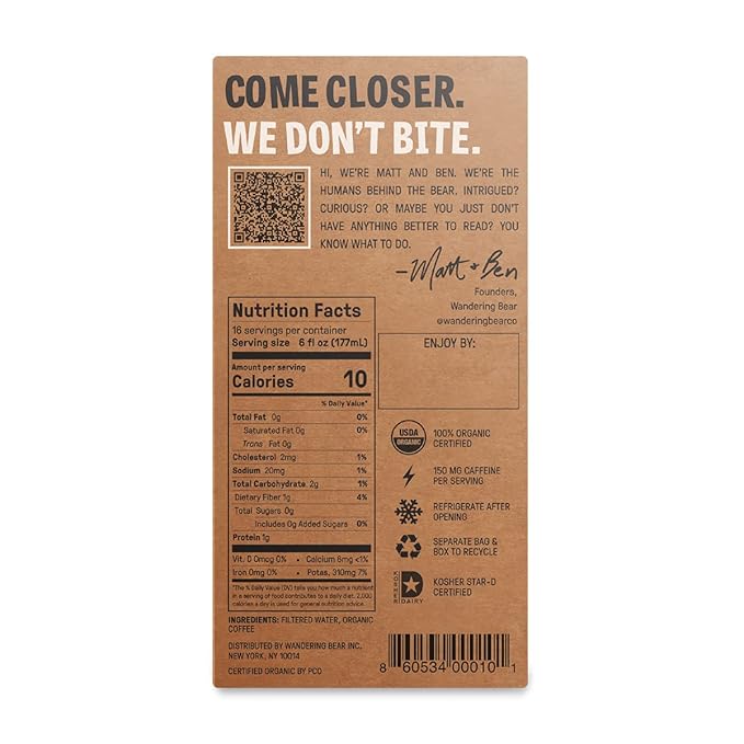 Wandering Bear Straight Black Organic Cold Brew Coffee On Tap, Iced Coffee Drink - Extra Strong, Smooth, No Sugar Added, Shelf-Stable, Ready to Drink, 100% Organic - 16 Servings of 6fl.oz - 96fl.oz