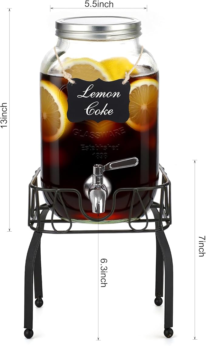 Glass Drink Dispensers for Parties, Beverage Dispenser with Stand, Ice Cylinder and Stainless Steel Spigot 100% Leakproof, Beverage Dispenser for Lemonade Sun Tea (2 Gallon Single with Stand)