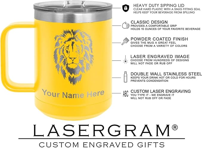 LaserGram 15oz Vacuum Insulated Coffee Mug, Sushi, Personalized Engraving Included (Yellow)