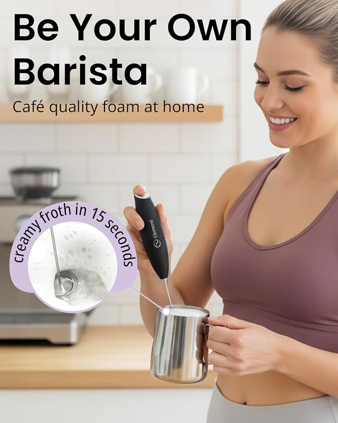 Milk Frother Wand & Electric Stirrer with Stand - Turbo Coffee & Milk Frother Handheld - Hand Held Coffee Mixer Wand & Cold Foam Maker for Frothy Cappuccinos, Lattes & Drink Mixes at Home (Black)