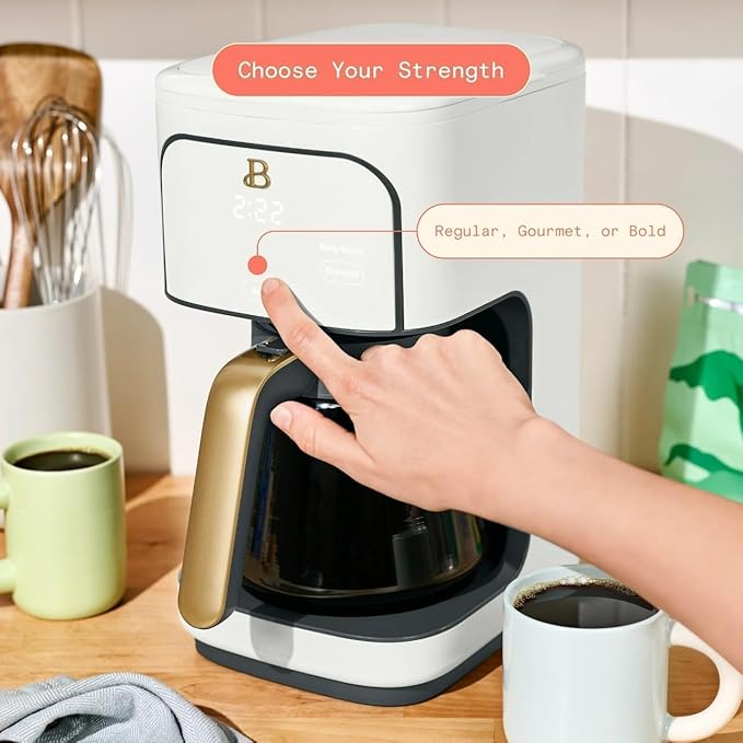 Beautiful 12 Cup Programmable Coffee Maker, Drip Coffee Machine with Glass Carafe, Automatic Brew Strength Control, Espresso Maker Function, Compact Espresso Machine (White Icing)