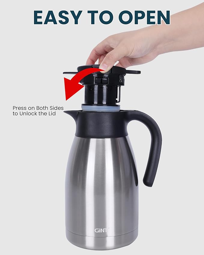 GiNT 51Oz Stainless Steel Thermal Coffee Carafe with Lid/Double Walled Vacuum Thermal Carafe / 12 Hour Heat Retention (Silver, 1.5L)